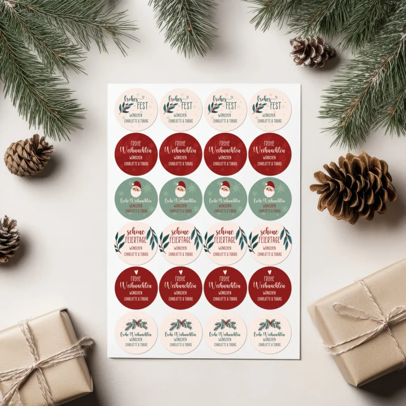 Geschenkverpackungen und Tannenzapfen dekorativ arrangiert mit Weihnachtsaufklebern „Frohes Fest“ und „Frohe Weihnachten“, personalisiert mit Namen.