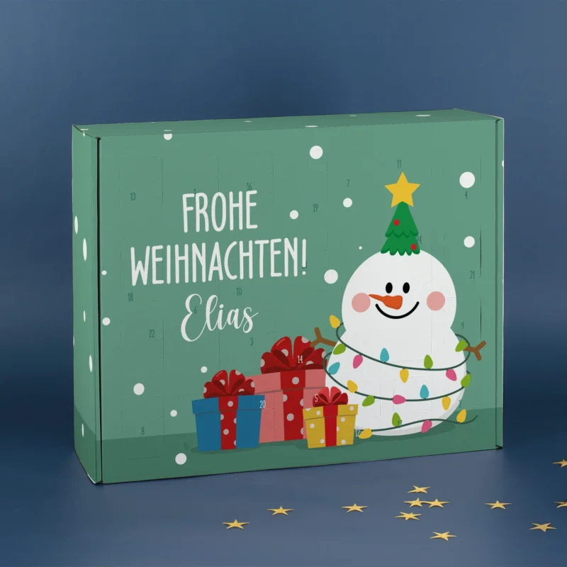Personalisierter Adventskalender Schneemann mit Geschenken und Namensaufdruck, Weihnachtsmotiv