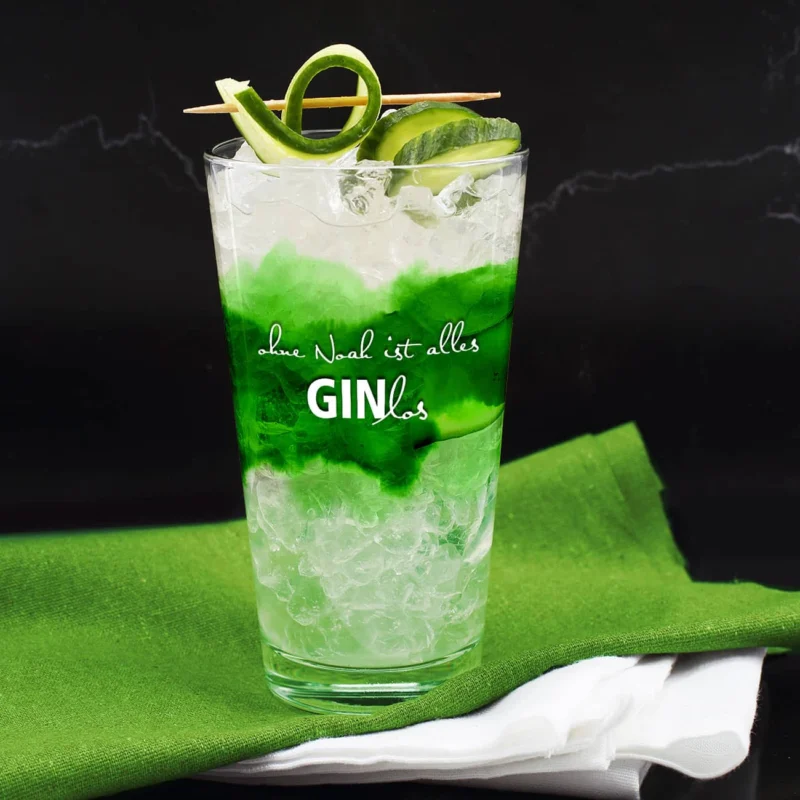 Gin-Glas für Longdrinks mit Watercolour Motiv und GINlos Spruch bedruckt