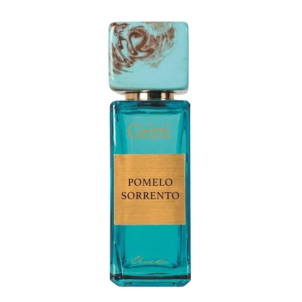 Gritti - Smaragd Collection - Pomelo Sorrento Parfumflakon in türkisblauem Glas mit goldfarbenem Etikett und marmoriertem Verschluss