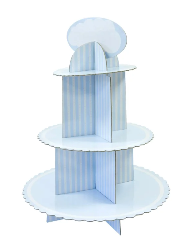 Présentoir à cupcake en carton pour baby shower bleu et blanc à rayures