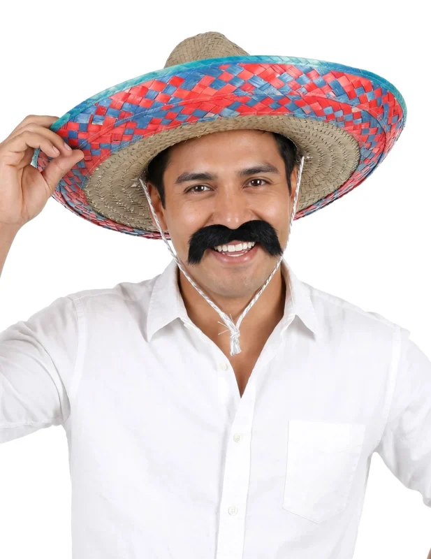 Mexikanischer Sombrero für Erwachsene mit Krempe in Rot und Blau
