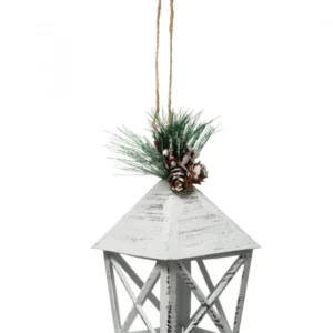 Suspension pour sapin lanterne de Noël blanche en métal avec pommes de pin