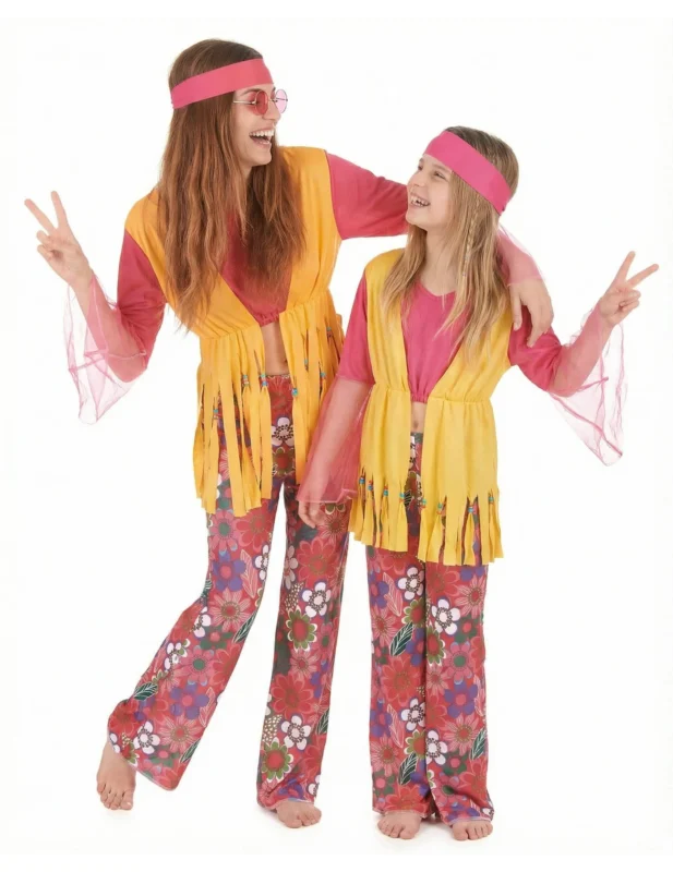 Buntes Hippie-Paarkostüm für Mutter und Tochter