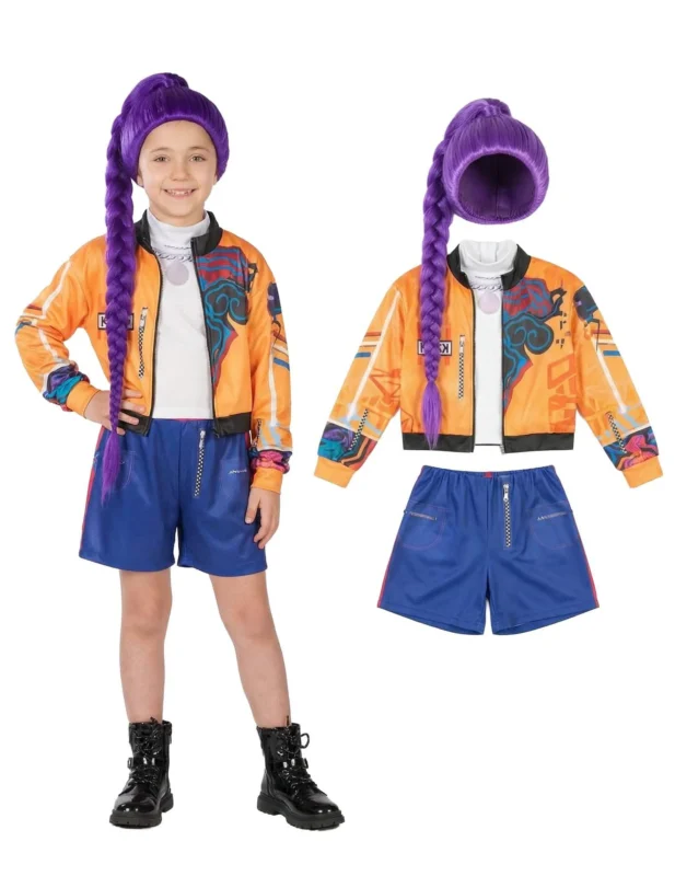 Komplettes Dämonenjägerin-Kostüm für Kinder mit violettem Zopf