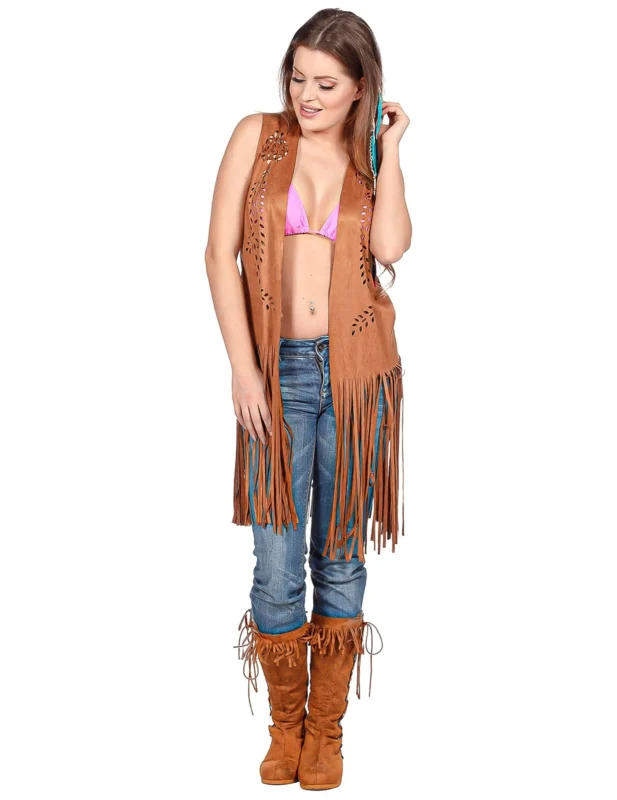 Braune lange Hippie-Damenjacke mit Fransen
