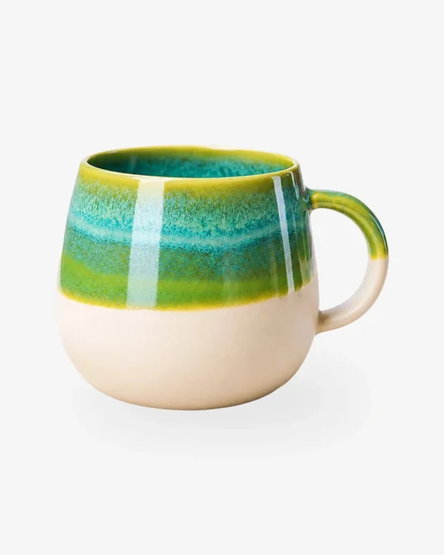 Große Kaffeetasse aus Steinzeug in Beige mit türkisem Rand