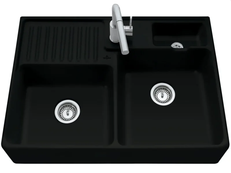 Villeroy & Boch Spülstein Doppelbecken Ebony - 6323 91 S5 Keramikspüle inkl. Hahnlöcher für Armatur u. Seifenspender