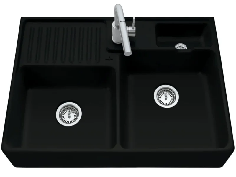 Villeroy & Boch Spülstein Doppelbecken Ebony - 6323 91 S5 Keramikspüle Handbetätigung inkl. Hahnloch 1