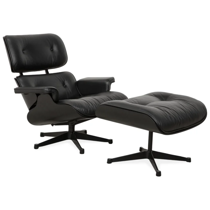 Vitra Eames Lounge Chair inkl. Ottomann Leder Sessel Schwarz Neubezug